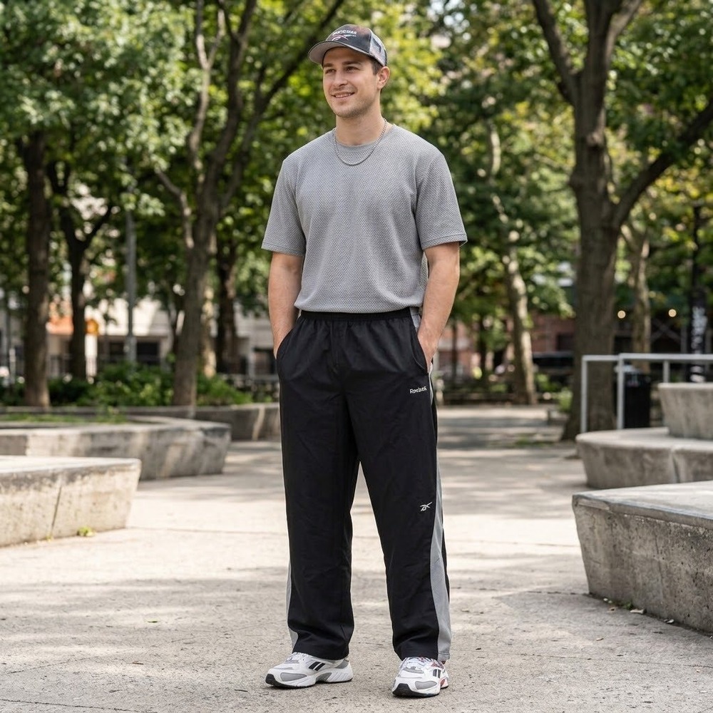 Reebok Track Pants Mens Black Vintage 90s Embroidered Logo Grey Stripe M